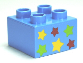 Lego Duplo blokken 2x2 licht blauw met sterren patroon 3437pb043