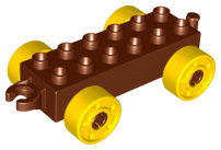 Lego Duplo auto/trein aanhanger 2x6 roodbruin  met gele wielen met bouten