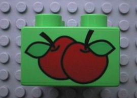 Lego Duplo blokken 2x2 licht groen met appels  patroon 3437pb004