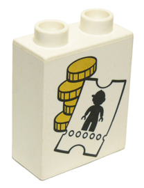 Lego Duplo blok 1x2x2 met gouden muntjes en ticket kaartje