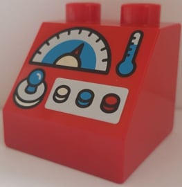 Lego Duplo, blok 2x2x1 1/2 Helling 45 met joystick, meters en knoppenpatroon 6474pb46
