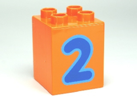Lego Duplo blokken 2x2x2 bedrukt Oranje met blauwe cijfer 2 31110pb074