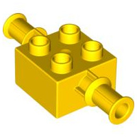 Duplo blokje geel 2x2 met houder voor graafmachine arm