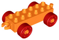 Lego Duplo auto/trein aanhanger 2x6 oranje met rode wielen met bouten 11248c02