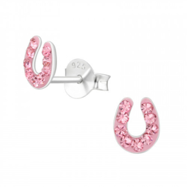 Zilveren oorbellen hoefijzer | roze