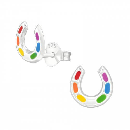 Zilveren kinderoorbellen hoefijzer | multicolor