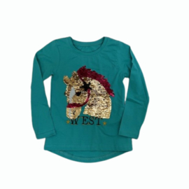 Longsleeve met paardenhoofd van pailletten | turquoise