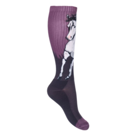 HKM paardrijsokken Helsinki, paardenprint | paars/bruin