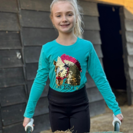 Longsleeve met paardenhoofd van pailletten | turquoise