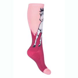 HKM paardrijsokken polly paardenprint | roze/wijnrood
