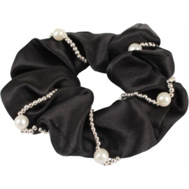 Haarelastiek/scrunchie met parels | zwart