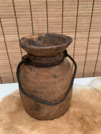 Himachal houten pot S met oud touw - PER STUK.