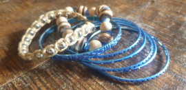 ARMBANDEN SET 3 DELIG - AQUA-HOUT- ZILVER-JUTE.