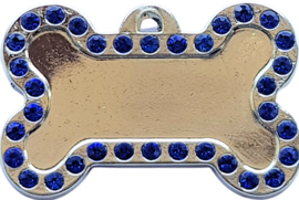 Hondenpenning bot zilverkleur met strass blauw