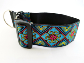 Martingale halsband 'bloem blauw/roze', 5cm breed