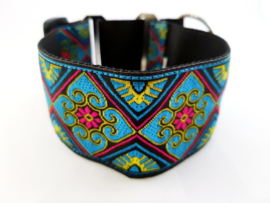 Martingale halsband 'bloem blauw/roze', 5cm breed