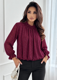 Blouse met pailletten, geplooide kraag en lange mouwen met ruches - 1 maat - Burgundy