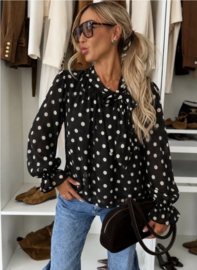 Blouse met dots print, gestrikte hals en mouwen met ruches - 1 maat - Zwart
