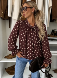 Blouse met dots print, gestrikte hals en mouwen met ruches - 1 maat - Bordeaux
