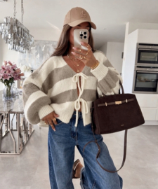 Oversized gestreept wollen vest met ballonmouwen en strikbanden - 1 maat - Beige
