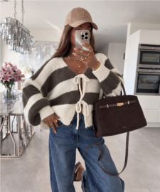 Oversized gestreept wollen vest met ballonmouwen en strikbanden - 1 maat - Chocolade