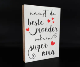 Tekstblok - Super oma - 25x18cm - Wit/rood - Woodart - Pakketpost!