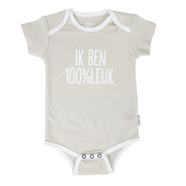 Romper + houten hanger - Ik ben 100% leuk - Maat 62/68 - Beige/wit - 100% leuk