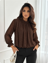 Blouse met pailletten, geplooide kraag en lange mouwen met ruches - 1 maat - Bruin