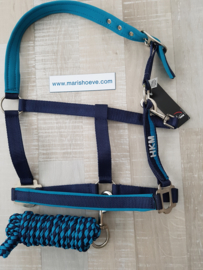 Nylonhalster met touw 180 cm en karabijnhaak-Blauw/Azuur