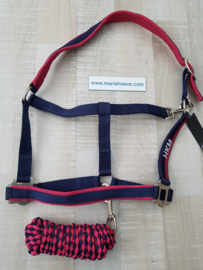Nylonhalster met touw 180 cm en karabijnhaak-Roze/Blauw