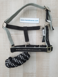 Halster + touw -Crystal- zacht onderlegd- Zwart/Grijs
