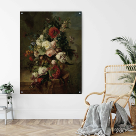 Stilleven met bloemen op geborsteld staal, 140x110cm met ophangsysteem