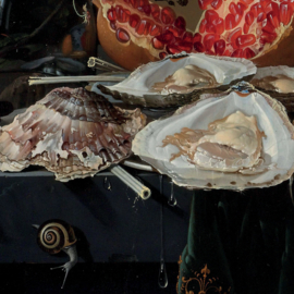 Stilleven met vruchten, oesters en een porseleinen kom, Abraham Mignon