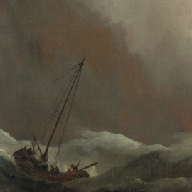 Een schip in volle zee bij vliegende storm, bekend als ‘De windstoot’, Willem van de Velde