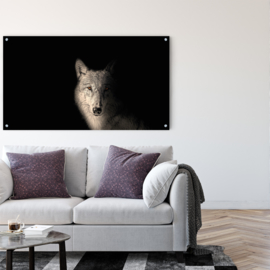 ​Dubbelzijdige kunst: Panter tegen zwarte achtergrond met het Portret van een wolf