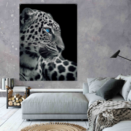 Panter met blauwe ogen op staal, 90x70cm met ophangsysteem