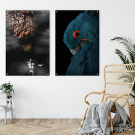 Dubbelzijdige kunst: Grizzly in the mist met de blauwe ara