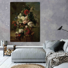 Stilleven met bloemen op geborsteld staal, 140x110cm met ophangsysteem