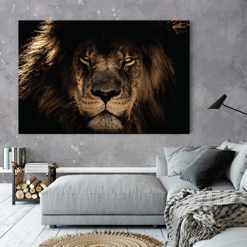 Donker worden venijn merknaam Angry lion - Leeuw schilderij (Kies je materiaal: Aluminium dibond,Welk  formaat wil je?: 60 x 40,Wil je een ophangsysteem?: Nee)