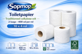 Sopmop Toiletpapier Traditioneel 100% Cellulose 400 vel / 2Laags 10 x 4 Rollen