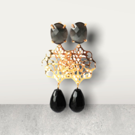 Oorbellen met cateye oorsteker antraciet en druppel onyx