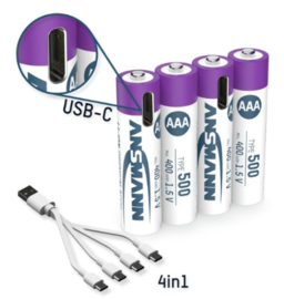 oplaadbare batterijen AAA 500mAh Li-Ion met USB-C poort