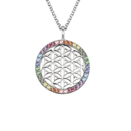 Engelsrufer zilveren ketting met hanger 'Flower of Life' en multicolour cubic zirconia