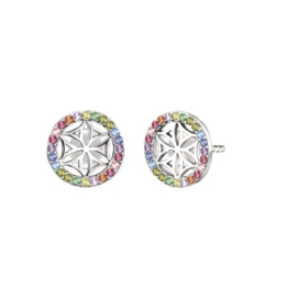 Engelsrufer zilveren oorbellen 'Flower of Life' met multicolour cubic zirconia