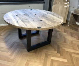 Industriële ronde eettafel wagonhout v-groef