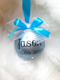 Kerstbal blauw naam geboortedatum strass steentjes + strik