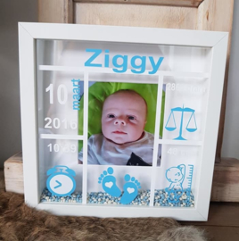 Geboortekader WIT wit /blauw met foto