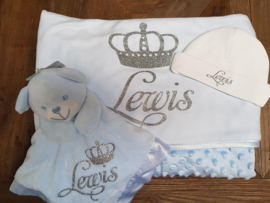 Blauw bolletjes deken, knuffeldoek, muts