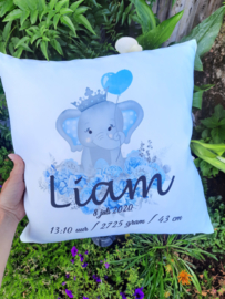 Geboortekussen olifant bloemen blauw