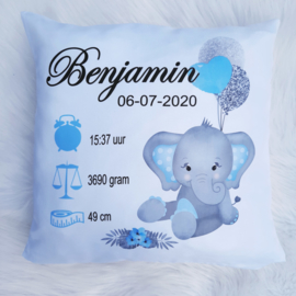 Geboortekussen olifant ballon blauw